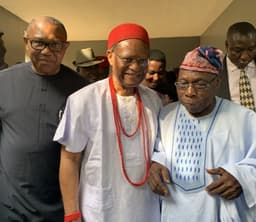 Chief Emeka Anyaoku (middle), joined by Mr. Peter Obi (left), receiving Chief Olusegun Obasanjo (right) during his visit to Chief Anyaoku at Ogidi, Anambra State, on Sunday, Dec. 29, 2019.
