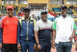 L-R: Managing Director, Shell Petroleum Development Company and Country Chair, Shell Companies in Nigeria, Osagie Okunbor; Group Managing Director, Nigeria National Petroleum Corporation, Mele Kolo Kyari; Executive Chairman, Lagos State Sports Commission, Sola Aiyepeku; and Minister of State for Petroleum Resources, Timipre Sylva, at the opening ceremony of the finals of the 18th edition of the Nigeria Oil and Gas Industry Games held at the Teslim Balogun Stadium, Lagosâ€¦ on Saturday., Feb. 29, 2020.