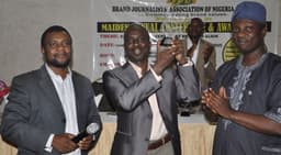 2013 BJAN CONFERENCE & AWARDS IN ABEOKUTA 
L-R: Mr. Goddie Ofose, Chairman, Brand Journalists Association of Nigeria (BJAN); Alhaji Yusuf Olaniyonu, Hon. Commissioner, Information and Strategy, Ogun State; and Mr. Sola Balogun, Special Adviser on Media to Ogun State Governor, at the 2013 BJAN Annual Conference and Awards held at Continental Hotel, Abeokuta, Ogun State. Photo: Akeem Salau.
