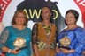 Deputy governor of Akwa Ibom State, Lady Valerie Ebe (left), Wife of the Vice President-Elect Mrs. Dolapo Oshinbajo (center) and wife of the Lagos State Deputy Governor H.E Hon Victoria Adejoke Orelope-Adefulire (right) after collecting their award for African Women of Worth, at the 7th edition of African women in Leadership organization conference 2015 In Lagos.
