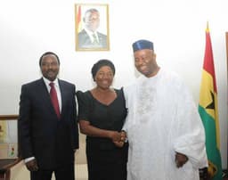 IMAGES FROM GHANA: L-R: Kenyaâ€™s Vice President, Dr. Kolonzo Musyoko, Fmr Ghana First Lady, Dr. Ernestina Attah Mills, and Governor Godswill Akpabio of Akwa Ibom State, Nigeria, during a condolence visit to the Mills, Jan. 6 at Accra.