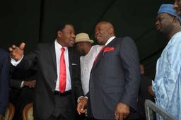 GHANAâ€™S PRESIDENTIAL INAUGURATION: (L-R) President Boni Yayi of Benin Republic exchanging pleasantries with Akwa Ibom State Governor Godswill Akpabio while Gov Dankwambo of Gombe State watches, at the inauguration, today (07/01.13) of John Mahama as the new President of Ghana.