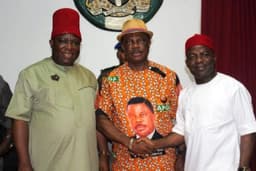 L-R: Chief Victor Umeh, National Chairman of All Progressives Grand Alliance (APGA), Chief Willie Obiano, Governor of Anambra State, and Dr. Alex Otti, APGA gubernatorial aspirant in Abia State, during Dr Ottiâ€™s courtesy call on Governor Obiano at the Governorâ€™s Lodge Amawbia, on Wednesday, Nov. 12, 2014.