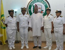 Ogun State Governor, Senator Ibikunle Amosun (middle), Commandant, Nigeria Navy Secondary School, Commander  Augustina Onyimba (2nd left), Deputy Commandant, Lt. Commander Jessinta Asetubobe (2nd right), Base Logistics Officer, Lt. Commander Theresa James (right) and Principal Nursing Officer, Lt. Commander Felicia Onyewuchi, during a courtesy call by the school's management on the governor in his Oke-Mosan, Abeokuta office
