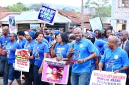 L-R front row; Wife of the Ogun State Governor, Dr. (Mrs.) Olufunso Amosun, Convener, Anti-Gender Based Violence Walk , Dr. Joe Okei-Odumakin, Ogun State Governor, Senator Ibikunle Amosun, Iyalode of Yoruba land, Chief (Mrs.) Alaba Lawson and the Secretary to the Ogun State Government (SSG), Barr. Taiwo Adeoluwa, during an Anti-Gender Based Violence Walk held in Abeokuta on Wednesday, March 22, 2017.  