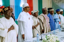 President Muhammadu Buhari, Asiwaju Bola Tinubu, Comrade Adams Oshiomhole, Senator Ahmed Lawan and others a a meeting of the APC Presidential Campaign Council, Thursday afternoon, Jan. 10, 2019, at the Banquet Hall, State House, Abuja.