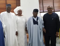 L-R:  Alhaji Sule Lamido, former Governor of Jigawa state;  Iyom Josephine Anenih, former Minister of Women Affairs; Ex-President Olusegun Obasanjo; Mr Peter Obi, former Governor of Anambra State  at the 70th birthday celebration of Iyom Anenih at the Women Development Centre, Abuja, on Monday, July 9, 2018