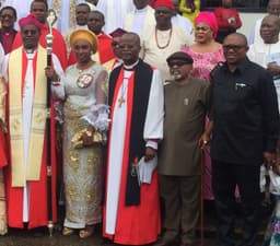 R-L: Ex-Governor Peter Obi; Sen. Chris Ngige; Bishop Onuoha; wife of the Bishop on the Niger, Elsie Nwokolo (celebrating her 50th birthday) and Bishop Owen Nwokolo at her (Elsie's)  50th birthday celebration at All Saints Anglican Church, Onitsha, on Saturday, August 18, 2018. 