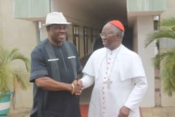 Cardinal Arinze visits Gov. Obiano: Anambra State Governor, Chief Willie Obiano (left), receiving His Eminence, Francis Cardinal Arinze; Prefect Emeritus, Congregation for Divine Worship and Discipline of the Sacraments at the Vatican, who paid him a courtesy visit at the Governor's Office in Awka . . . on Tuesday,March 25, 2014.
