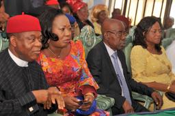 ABIA GETS NEW LG CARETAKERS
Gov. Theodore Orji of Abia State today swore-in newly appointed Local Government Transition Committee Chairmen in Umuahia, the state capital. L-R: Gov. Orji with his wife Mercy Orji, his Deputy, Sir Emeka Ananaba and his wife Nene Ananaba during the ceremony.