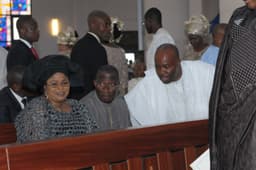 IMAGES OF CHIEF TONY ANENIH'S 80TH BIRTHDAY CELEBRATION: (L-R) Wife of the President, Dame Patience Jonathan, President Goodluck Jonathan and Akwa Ibom State Governor, Chief Godswill Akpabio, during the thanksgiving mass to mark the 80th birthday of PDP Board of Trustees Chairman Chief Tony Anenih in Abuja on Sunday, Aug. 4, 2013.