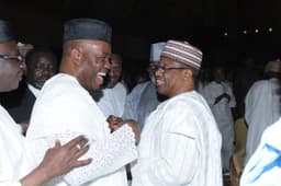 IMAGES OF CHIEF TONY ANENIH'S 80TH BIRTHDAY CELEBRATION: (L-R) Governor of Akwa Ibom State, Chief Godswill Akpabio, exchanging banters with former President Ibrahim Babangida during the 80th birthday celebration of PDP Board of Trustees Chairman Chief Tony Anenih in Abuja on Sunday, Aug. 4, 2013.