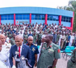 Tony Elumelu addressing journalists after delivering lecture at the Guest Lecture Series of the Armed Forces Command and Staff College, Jaji, Kaduna, on Aug. 22, 2017.