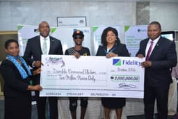 L-R: Head of Savings, Fidelity Bank Plc, Janet Nnabuko; Regional Bank Head (RBH), Apapa & Chairman, Promo Committee, Fidelity Bank, Obaro Odeghe;, two million naira winner, Damilola Emmanuel Olufemi; Executive Director, Lagos & South-West, Nneka Onyeali-Ikpe; Divisional Head, Retail Bank, Fidelity Bank, Richard Madiebo at the prize presentation ceremony of the Fidelity Get Alert In Millions promo held in Lagos on Tuesday 25th, October, 2016.