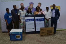 L-R Head, Savings Group, Fidelity Bank Plc, Janet Nnabuko; Divisional Head, Retail Banking, Fidelity Bank Plc. Richard Madiebo; Winner of a generating set, Ranmilowo Olaniyi,; Winner of N2 million and  a student of Federal University of Agriculture, Abeokuta (FUAAB), Azeez Morenike Adedoyin;  Winner of N 1 million, Mmereole Salome Obiageri,; winner of a television set, Joe Henry Chioma and Regional Bank Head, Festac, Fidelity Bank Plc., Paschal Nzeribe, at the 4th Monthly /2nd Bi-monthly  Prize Presentation of Fidelity Get Alert In Millions Promo Reloaded in Ojo, Lagos recently.


