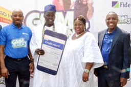 L-R: Divisional Head, Operations, Fidelity Bank Plc., Martins Izuogbe; Baale of Dankaka and N1 Million GAIM 3 Promo Winner, Alhaji Oluwa Kareem Amodu; his wife, Alhaja Amodu; Regional Bank Head, Apapa, Fidelity Bank Plc, Jude Monye at the 3rd Monthly Prize presentation ceremony of the Fidelity Get Alert in Millions Promo Season 3 (GAIM 3) held at the Fidelity Bank Trinity, Apapa Branch. Lagos â€¦.yesterday.   