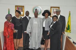 Governor Ibikunle Amosun of Ogun State (4th left), Deputy Governor, Chief (Mrs.) Yetunde Onanuga (left) and Chief Judge of the state, Justice Olatokunbo Olopade (right) after the swearing in of Mr. John Olatokunbo (3rd left), Mrs. Abiodun Adesola Shobayo (2nd right) and Mrs. Eniola Adejare Fabamwo (2nd left) as new judges into the Ogun State Judiciary at the Executive Council chamber, Oke-Mosan, Abeokuta

