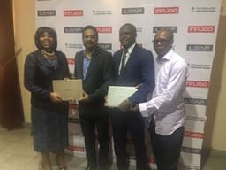 Managing Director (Marketing) Technology Distributions Ltd. (TD), Mrs. Chioma Chimere (left); Country Manager, InnJoo Mobile, Rakesh Rocque; Business Manager, Personal Systems Group, TD, Kalu Johnson and Marketing Executive, InnJoo Mobile, Ike Martins at the press briefing for the unveiling of the InnJoo Leap â€“ the worldâ€™s slimmest and lightest 14â€™ Notebook hosted at TD Headquarters in Gbagada, Lagosâ€¦ on Wednesday February 22nd 2017.

