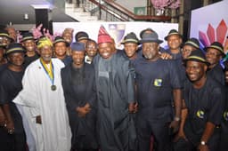 VP Yemi Osinbajo (3rd R), Ogun State Governor Ibikunle Amosun (3rd L), President, Igbobi College Old Boys Association, Foluso Phillips (L),Chief Chris Ogunbanjo, Prof. Emeritus Ayodeji Banjo, Otunba Subomi Balogun and wife, Abimbola Balogun (R), during the 2015 6th Annual Christmas Dinner of the association held at the City Hall, Lagos.