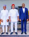 L-R: Executive Chairman Lee Engineering and Construction Company Chief (Dr) Leemon Ikpea, Governor of Imo State Senator Hope Uzodima and Managing Director of Shell Mr Osagie Okunbor, shortly after a security meeting with the governor, in Owerri, on Saturday, Oct. 23, 2021.