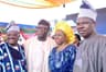 (L-R) Oyo State Governor, Senator Abiola Ajimobi, Minister for Solid Minerals, Dr. Kayode Fayemi, his wife, Bisi and the Ogun State Governor, Senator Ibikunle Amosun at the inauguration of Mr. Rotimi Akeredolu as the governor of Ondo State, in Akure, on Feb. 24, 2017. 

