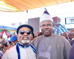 Minister of Labour and Productivity, Dr. Chris Ngige (left) and the Ogun State Governor, Senator Ibikunle Amosun at the inauguration of Mr. Rotimi Akeredolu as the governor of Ondo State, in Akure, on Feb. 24, 2017.