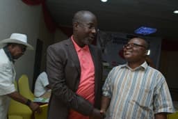 Photo shows Isaac Umunna, Daily Sports publisher, welcoming Taye Ige at the Nigerian Award For Sporting Excellence organised by Daily Sports Nigeria, held on Saturday night, December 2, at Airport Hotel, Ikeja, Lagos.