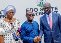 Mr. Joe Ikpea In A Hand Shake With Governor Godwin Obaseki Shortly After His Inauguration As Commissioner, On Wednesday, In Benin City
