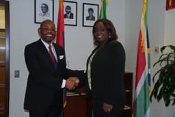 R-L: Minister of Finance, Mrs. Kemi Adeosun with her Angolan counterpart, Augusto Archer de Sousa Mangueira, on April 23, 2017 at the Spring Meetings of the IMF/World Bank meeting in Washington DC, USA.