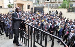 EFCC Acting Chairman Ibrahim Magu addressing the staff at EFCC Headquarters Abuja on April 13, 2017 to mark the Commission's 14th year anniversary.
