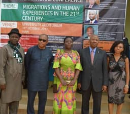 L-R: Member LOC, Federal University Ndufu-Alike, Ikwo Ebonyi State (FUNAI), Mr. Slyvanus Oko; Guest Speaker and Professor, Marquette University, USA, Prof Chima J. Korieh; Dean, Faculty of Humanities, FUNAI, Prof GMT Emezue; CEO, Heirs Holdings, Emmanuel Nnorom representing the Guest Speaker and Founder, Tony Elumelu Foundation, Tony O. Elumelu; Chair, Faculty of Humanities PR/Information Committee FUNAI, Ms. Ngozi Edeagu at FUNAIâ€™s 2017 Faculty of Humanities International Conference held at the Universityâ€™s Auditorium in Ndufu-Alike, Ikwo Ebonyi State on Tuesday, Oct. 31, 2017.  