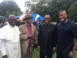 L-R: The Primate of the Methodist Church in Nigeria, His Grace Dr. Chukwuemeka Uche; Anglican Archbishop Magnus Atilade; Mr. Peter Obi and pastor Paul Adefarasin at the the 242nd American Independence Day celebration at the Consul General's residence in Ikoyi, Lagos, on Friday, June 29, 2018. 
