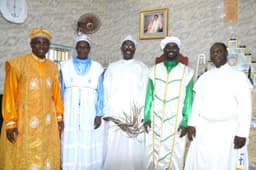 From left; Senior Superintendent James Akinadewo, Special Apostle Godfrey Dottie, Chairman, Board of Trustees, Motailatu Church of God, Senior Superintendent Gabriel Akinadewo (Omo Jesu II); Superintendent Babajide Akinadewo and Superior Evangelist Francis Adeyemi during Ordination/Adult Harvest of Restoration Parish of the church in Akute, Ogun State, late Nov. 2018. 