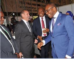 L-R: General Manager, Government Relations of Shell Petroleum Development Company, Bashir Bello; Shellâ€™s Vice President, Nigeria and Gabon, Peter Costello; and Country Chair, Shell Companies in Nigeria and Managing Director, The Shell Petroleum Development Company, Osagie Okunbor, receiving the Minister of State for Petroleum Resources, Dr. Ibe Kachikwu at the Shell exhibition stand on Monday at the opening session of the 2018 Nigeria International Petroleum Summit in Abuja.