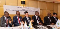 L-R: DMD, Fidelity Bank Plc, Mohammed Balarabe; Executive Secretary, Nigerian Content Development and Monitoring Board (NCDMB), Simbi Wabote; Vice-President, Hyundai Heavy Industries, S.Y. Park; CEO, Temile Development Company Limited, Alfred Temile; CEO, Nigerian Liquefied Natural Gas Limited (NLNG), Tony Attah; and Managing Director, Hyundai Heavy Industries, London, Jay .H. Kang during the recent Ship Building Agreement Signing ceremony in London between Temile Dev. Company and Hyundai Heavy Industries for one firm and one optional 23,000cbm Liquefied Petroleum Gas (LPG) tankers; the first of their kind in the West African oil and gas market.