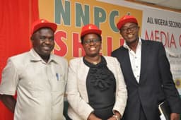 L-R: President, Nigeria Schools Sports Federation, Mallam Ibrahim Muhammad; Communications Manager, Shell Nigeria, Mrs. Sola Abulu; and former Super Eagles striker and CEO, Worldwide Sports, Chief Olusegun Odegbami, at a press conference to announce the commencement of the 2016 edition of the NNPC/Shell Cup, at the Teslim Balogun Stadium, Lagos... on Wednesday