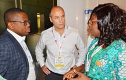 Vice President of Shell, Nigeria and Gabon, Mr. Peter Costello, flanked by Clinical Health Adviser, Shell Nigeria Exploration and Production Company (SNEPCo), Dr. Yinka Mosuro (right), and Manager, Nigeria Content Development of SNEPCo, Mr. Austin Uzoka, at the just concluded Nigeria Oil and Gas Conference in Abuja, early March 2017.