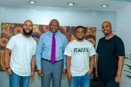 Multiple Award Winning American Gospel Artistes, J.J Hairston (left); and Phil Thompson (right) at a meeting with Fidelity Bank CEO, Nnamdi Okonkwo (2nd left) in Lagos on Monday, June 17, 2019, after the Fearless Rebirth Concert organised by Tim Godfrey (3rd right) and sponsored by Fidelity Bank Plc.