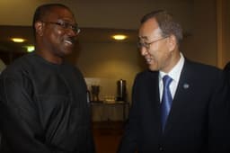 PDP Vice Presidential Candidate, Mr. Peter Obi ( left), after his meeting with the Fmr. UN Secretary General, Mr. Ban Ki-moon, early April 2019 in Abuja.
