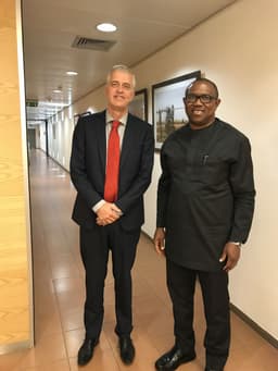 Mr Robert J. Petri (left), Ambassador, Kingdom of the Netherlands with Mr. Peter Obi (right), former Gov. of Anambra State, after their meeting in Abuja . . . mid-July 2018.