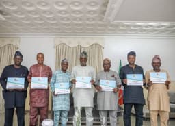 L-R Consesus candidates of the All Progressives Congress (APC), in Ogun State, Barr. Adeleke Adewolu (Ewekoro/Ifo Federal Constituency), Hon. Mikail Kazeem (Abeokuta North/Obafemi-Owode/Odeda Federal Constituency), Hon. Rotimi Rahman (Ado Odo/Ota Federal Constituency), Hon. Abdulkabir Adekunle Akinlade (governorship), Rt. Hon. Suraj Adekunbi (Egbado North/Imeko Afon Federal Constituency), Mr. Biyi Ismail (Ijebu North/Ijebu East/Ogun Waterside Federal Constituency) and Engr. Lanre Edun (Abeokuta South Federal Constituency), after they obtained their nomination forms at the APC national secretariat, in Abuja . . . on Thursday, Sept. 12, 2018. 