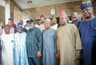 L-R: Former Ekiti State Governor, Engr. Segun Oni, National Leader, All Progressives Congress (APC), Asiwaju Bola Tinubu, Ondo State Governor, Arakunrin Rotimi Akeredolu, Kebbi State Governor, Alhaji Atiku Bagudu, Ogun State Governor, Senator Ibikunle Amosun and Post Master General of the Federation, Barr. Bisi Adegbuyi, at a meeting of leaders and stakeholders of the APC, ahead of Saturday's Ekiti Gubernatorial election, in Ado Ekiti . . . on July 8, 2018.