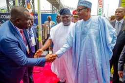L-R: The Managing Director/Chief Executive Officer of Projects Planet Limited, Biodun Otunola; Lagos State Governor, Akinwunmi Ambode; and President Muhammadu Buhari, during the commissioning of the Oshodi Transport Interchange project of the Lagos State Government handled by Projects Planet Limited â€¦ on Wednesday, April 24, 2019.