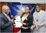 L-R: Past District Governor, Rotary International District 9110, Dr. Kamoru Omotosho presenting bannerette of Rotary Club of Ikoyi to the Guest Speaker, Dr (Mrs) Felicia Mogo, Deputy Director/Head Marine Environment Management Department, Nigeria Maritime Administration & Safety Agency (NIMASA) with the President, Rotary Club of Ikoyi, Rotarian Isichei Osamgbi after she delivered a lecture on "The Environmental pollution in Nigeria" at the Club recently in Lagos.