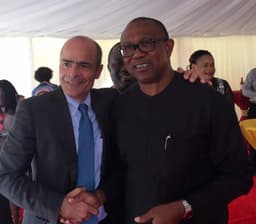CEO of Ab InBev, Carlos Alves De Brito (left), with former Gov. of Anambra State, Mr. Peter Obi, at the commissioning of the International Brewery facility, the biggest in West Africa, at Shagamu, Ogun State, on August 28, 2018.