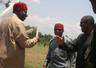 â€œOYE ISI NNOOOO!â€: Abia Governor T. A. Orji watches as President Goodluck Jonathan (left) is being greeted the Igbo way by Gov. Peter Obi of Anambra State while welcoming him to the dedication of a church built by the Deputy Senate President, Hon. Ike Ekweremadu for his Mpu Community, Enugu State, April 1, 2013. Photo courtesy Mazi Odera.