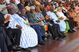 The president of Ghana and his Vice in a warm handshake with Deputy Senate Leader Bala Ibn Naâ€œAllah representing Kebbi South, in Accra, during the independence celebration of Ghanas independence.pics by Garba Ahmed.