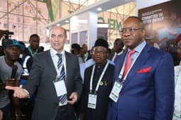 Vice President, Shell Nigeria and Gabon, Peter Costello; Group Managing Director, Nigerian National Petroleum Corporation, Maikanti Baru; and Minister of State for Petroleum Resources, Ibe Kachikwu; during an inspection of the Shell Nigeria exhibition booth at the 2nd edition of the Nigeria International Petroleum Summit in Abujaâ€¦ late January 2019.

 