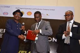 L-R: The Executive Secretary, Nigerian Content Development and Monitoring Board, Mr. Simbi Wabote; Social Performance Adviser, Shell Nigeria Exploration and Production Company (SNEPCo), Hope Nuka; and the Minister of State for Petroleum Resources, Dr. Ibe Kachikwu at the opening session of the 2019 Annual Conference and Exhibition of the Oil and Gas Trainers Association of Nigeria in Lagosâ€¦ on Monday, April 22, 2019.