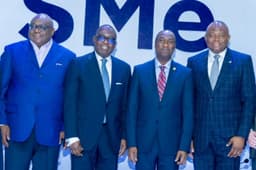 Deputy Governor of Lagos State, Dr. Obafemi Hamzat (center); flanked by Chairman, Board of Directors, Fidelity Bank  Plc, Ernest Ebi (right); Managing Director, Chief Executive Officer, Fidelity Bank  Plc, Nnamdi Okonkwo (left) ; Executive Director, Shared Services & Products, Fidelity Bank Plc, Chijioke Ugochukwu (5th left) ; Founder/ Chief Executive Officer , Beloxxi Industries Ltd, Obi Ezeude (4th left) and small business owners during the Fidelity SME funding event organized by the Bank in Lagos . . . Wednesday, Aug. 7, 2019. 

